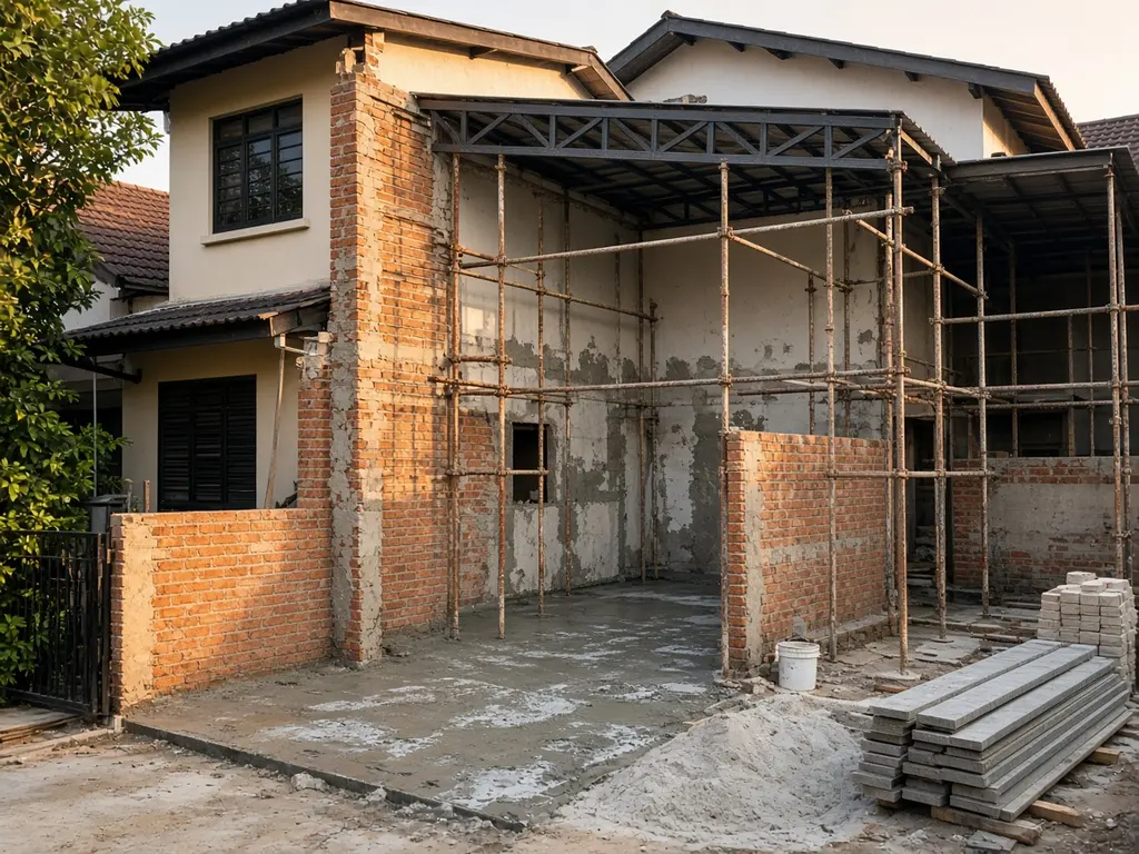 Sambungan rumah sedang dibina dengan dinding bata baharu dan kekuda bumbung (imej ilustrasi)