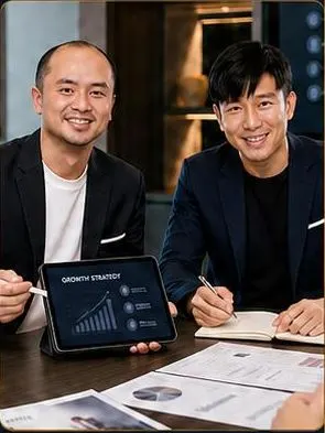 Paul Kong and Dr. Steven Goh working together at a table with a tablet
